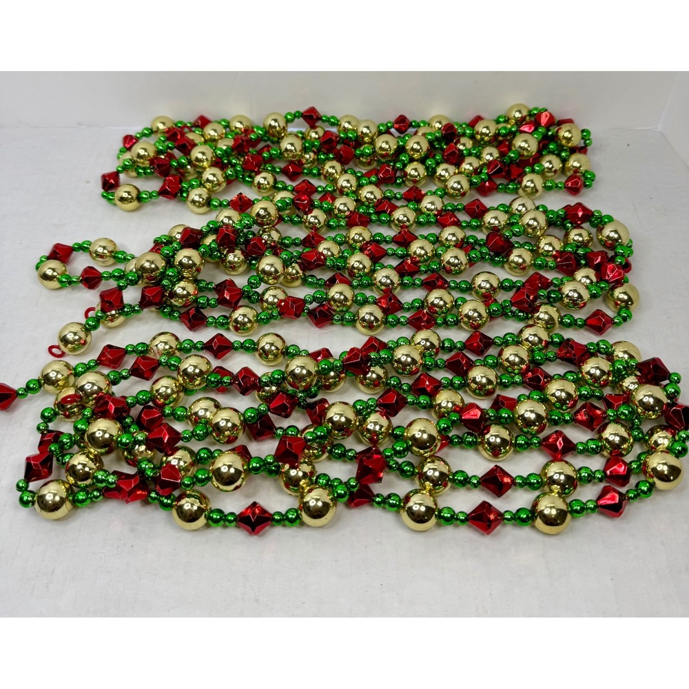 Vintage Christmas Tree Garland Red Gold Green Beaded 3 Strand Lot 9' Plastic